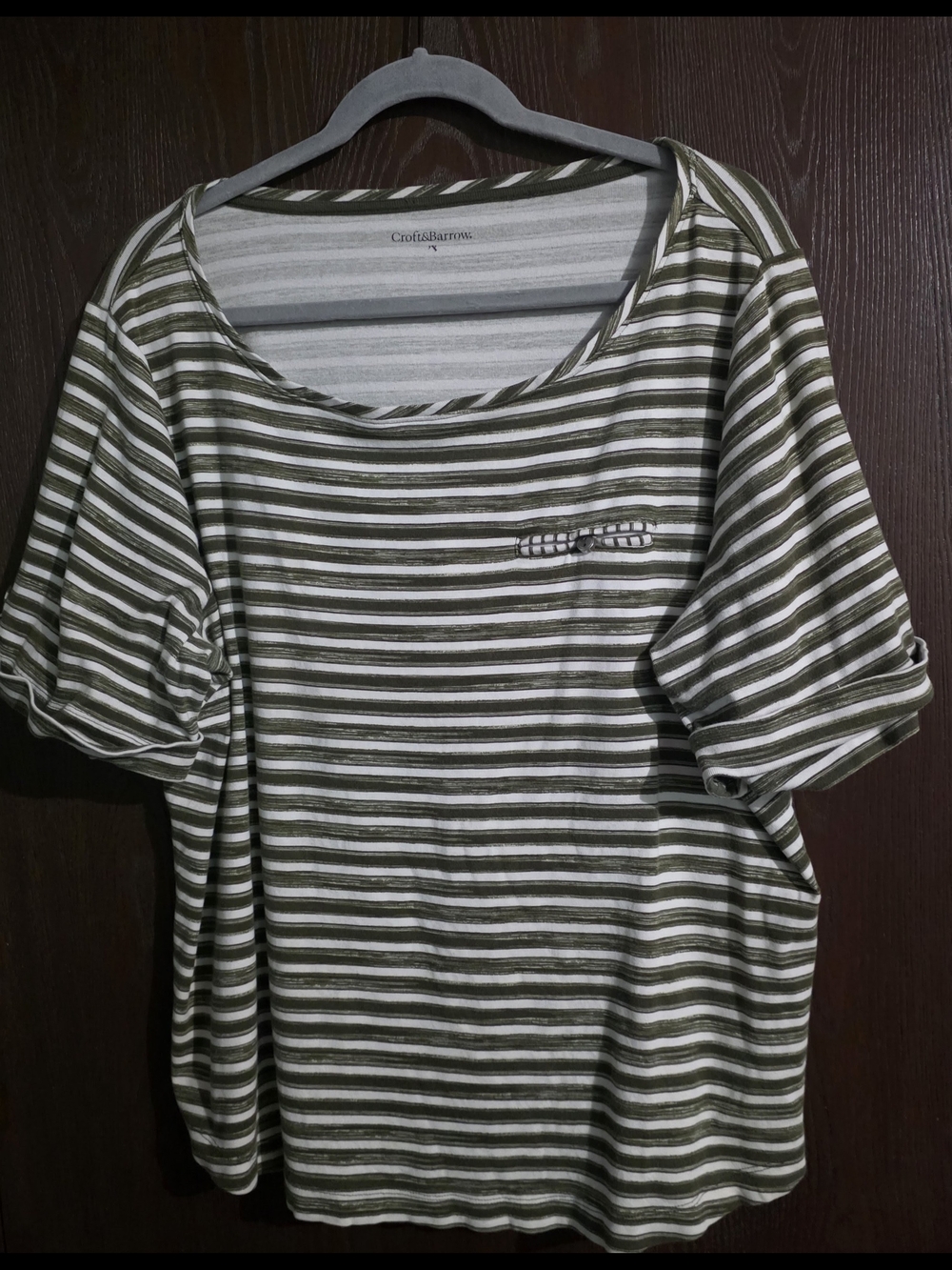 Croft & Barrow Olive and White Striped Scoop Neck Tee - Short Sleeve